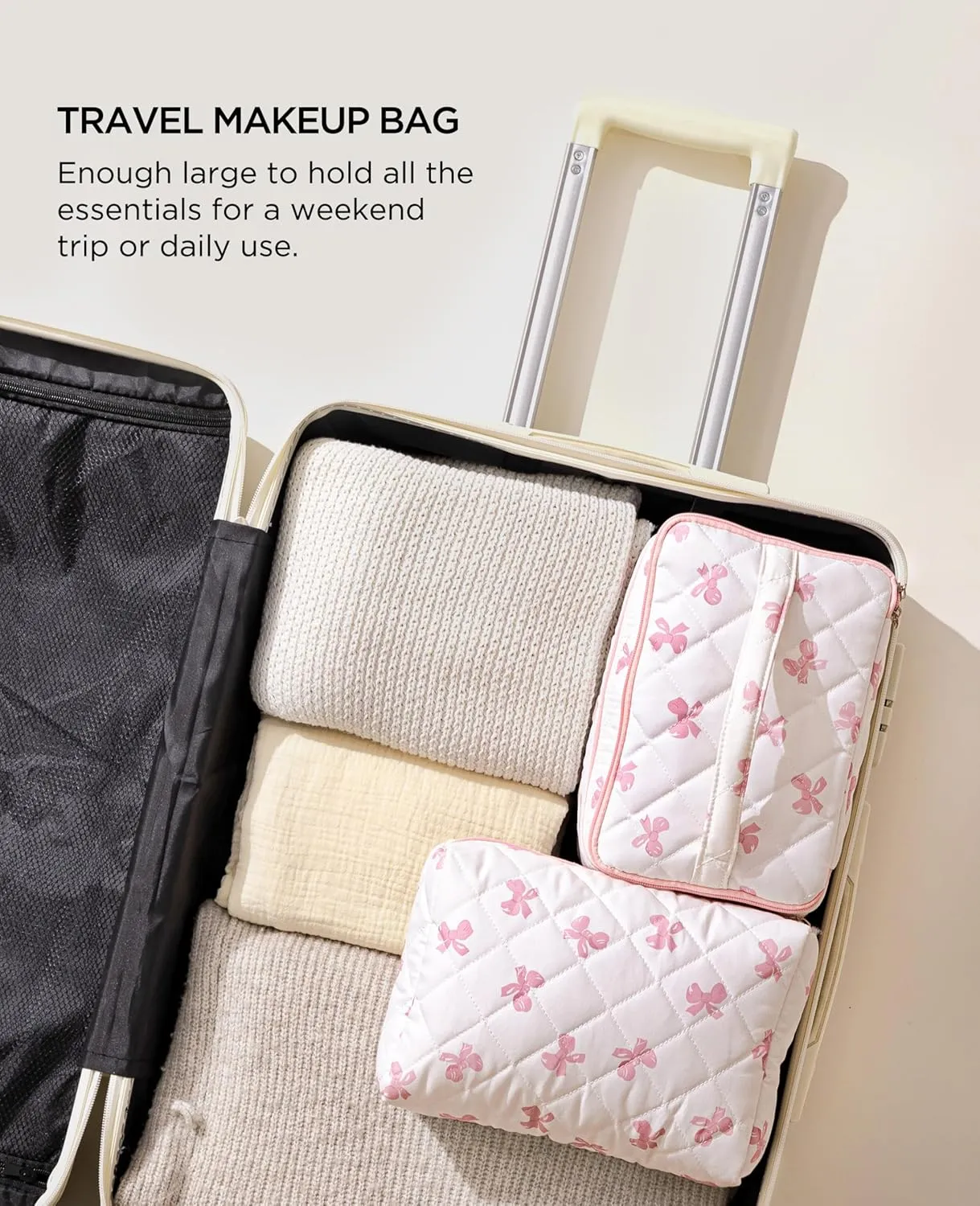 HBselect 2Pcs Travel Makeup Bag, Large Cotton Quilted Makeup Bag Cosmetic Bag Cute Make up Bag Toiletry Bags for Women Girls