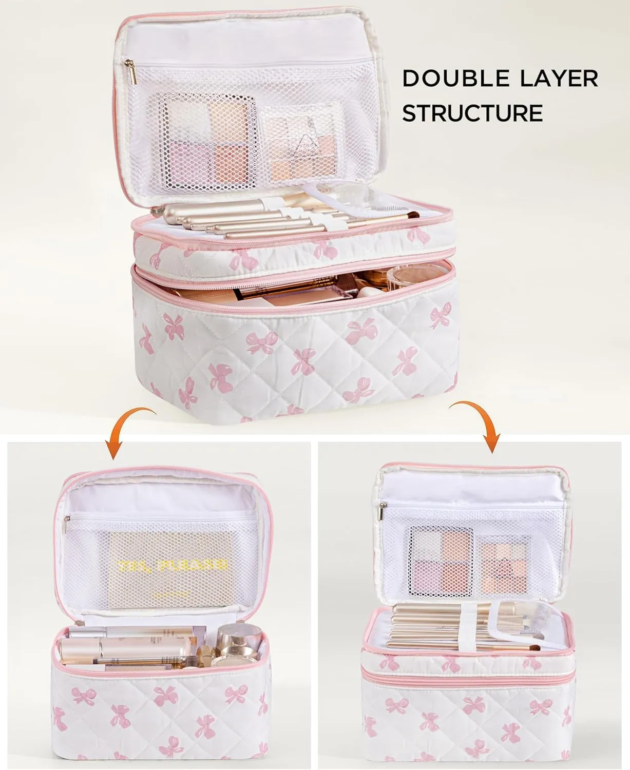 HBselect 2Pcs Travel Makeup Bag, Large Cotton Quilted Makeup Bag Cosmetic Bag Cute Make up Bag Toiletry Bags for Women Girls