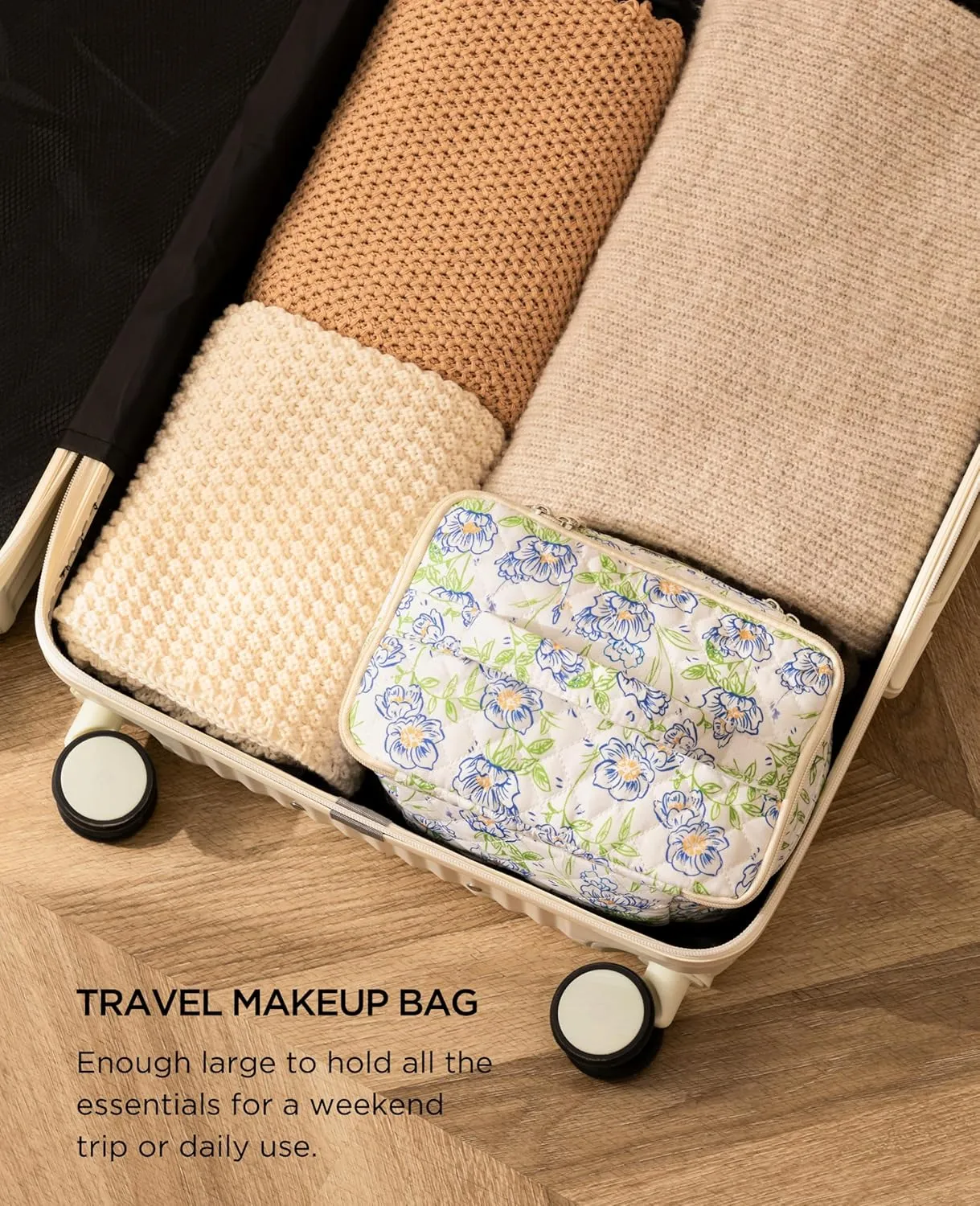 HBselect 2Pcs Travel Makeup Bag, Large Cotton Quilted Makeup Bag Cosmetic Bag Cute Make up Bag Toiletry Bags for Women Girls