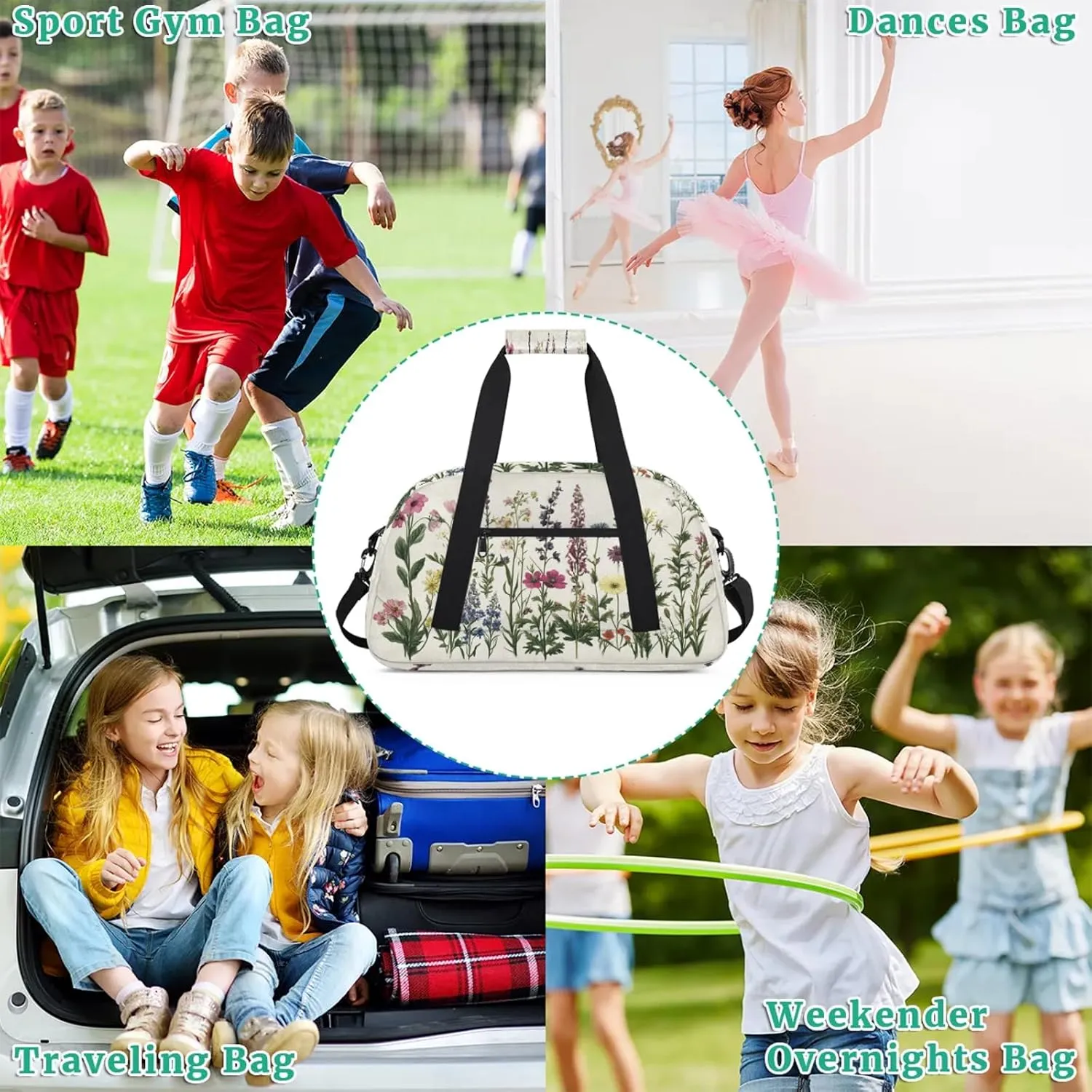 Herbs And Wild Flowers Sports Duffle Gym Bags for Men or Women, Floral Lightweight Carry On Overnight Weekender Bag for Travel Workout