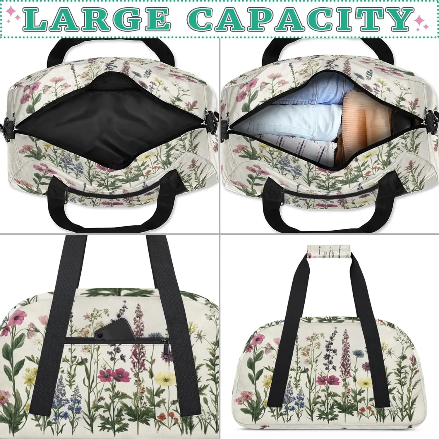 Herbs And Wild Flowers Sports Duffle Gym Bags for Men or Women, Floral Lightweight Carry On Overnight Weekender Bag for Travel Workout