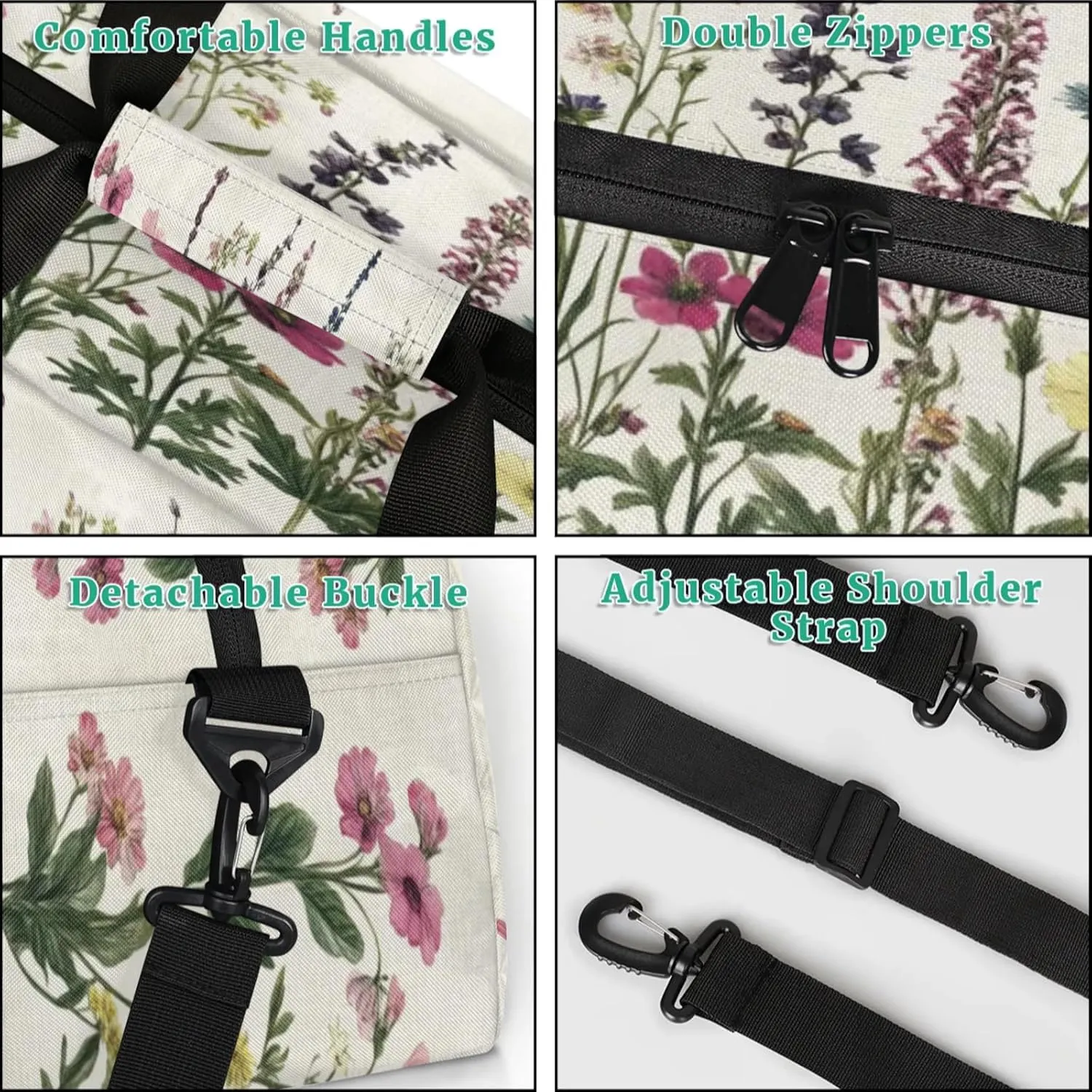 Herbs And Wild Flowers Sports Duffle Gym Bags for Men or Women, Floral Lightweight Carry On Overnight Weekender Bag for Travel Workout