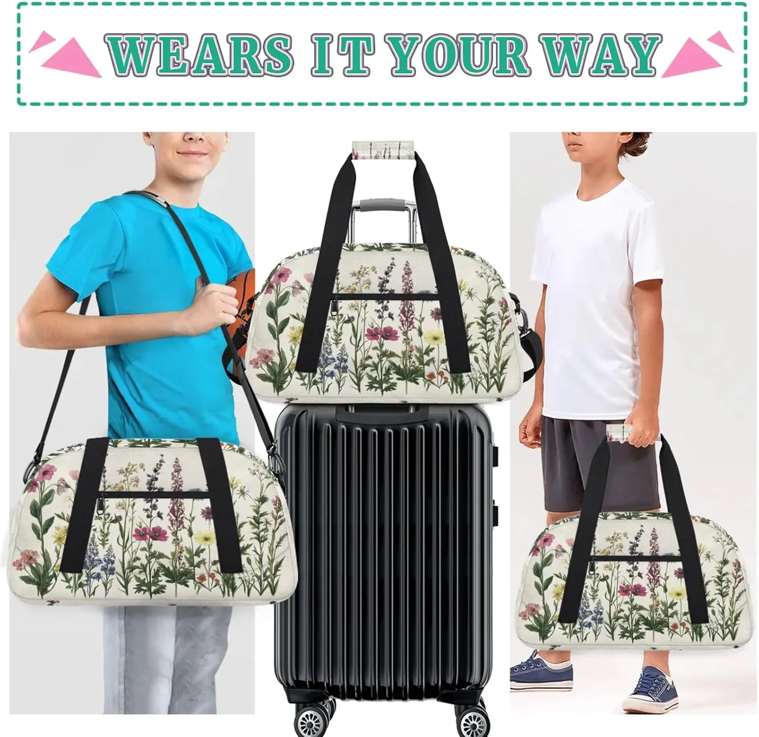 Herbs And Wild Flowers Sports Duffle Gym Bags for Men or Women, Floral Lightweight Carry On Overnight Weekender Bag for Travel Workout