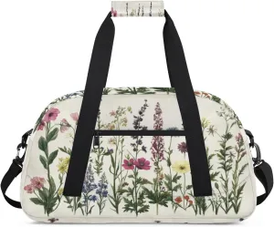 Herbs And Wild Flowers Sports Duffle Gym Bags for Men or Women, Floral Lightweight Carry On Overnight Weekender Bag for Travel Workout