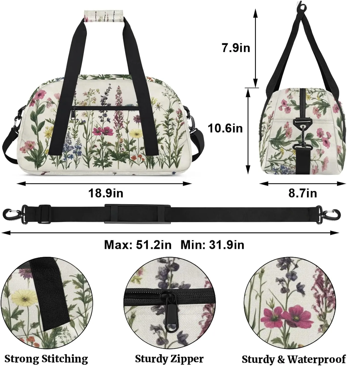 Herbs And Wild Flowers Sports Duffle Gym Bags for Men or Women, Floral Lightweight Carry On Overnight Weekender Bag for Travel Workout