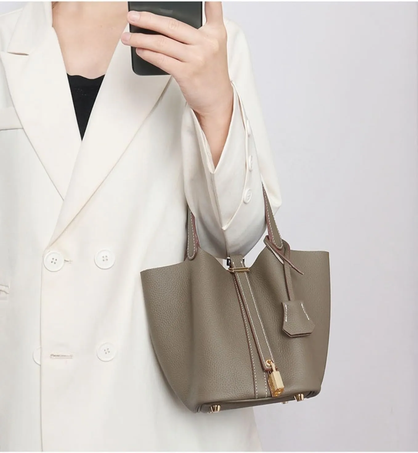 High version leather women's bag, bucket bag, exquisite and high -level head -up cowhide handbag