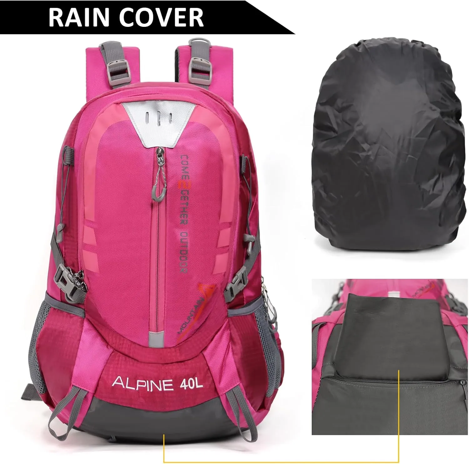Hiking Backpack Camping 40L Outdoor Daypack Lightweight Travel Backpack with Rain Cover for Women Men (Pink)