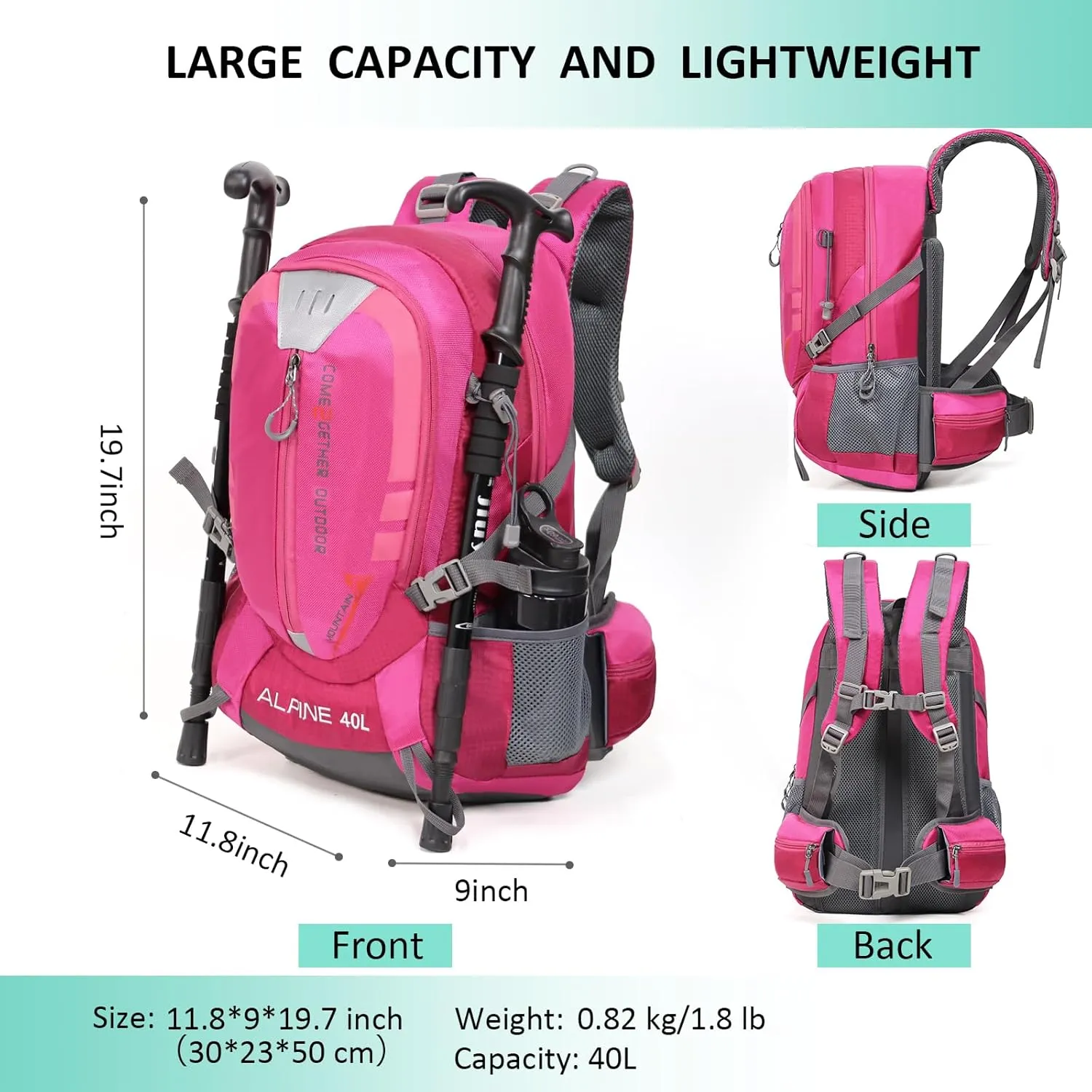 Hiking Backpack Camping 40L Outdoor Daypack Lightweight Travel Backpack with Rain Cover for Women Men (Pink)