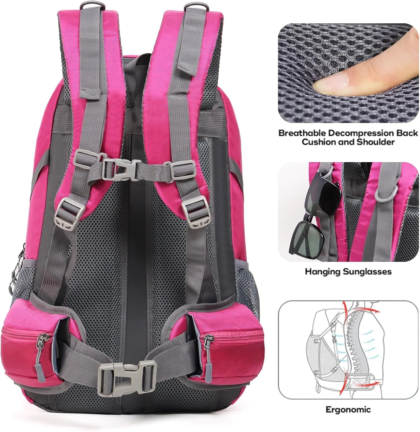Hiking Backpack Camping 40L Outdoor Daypack Lightweight Travel Backpack with Rain Cover for Women Men (Pink)