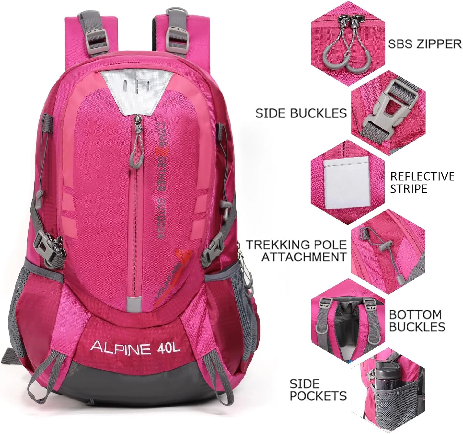 Hiking Backpack Camping 40L Outdoor Daypack Lightweight Travel Backpack with Rain Cover for Women Men (Pink)