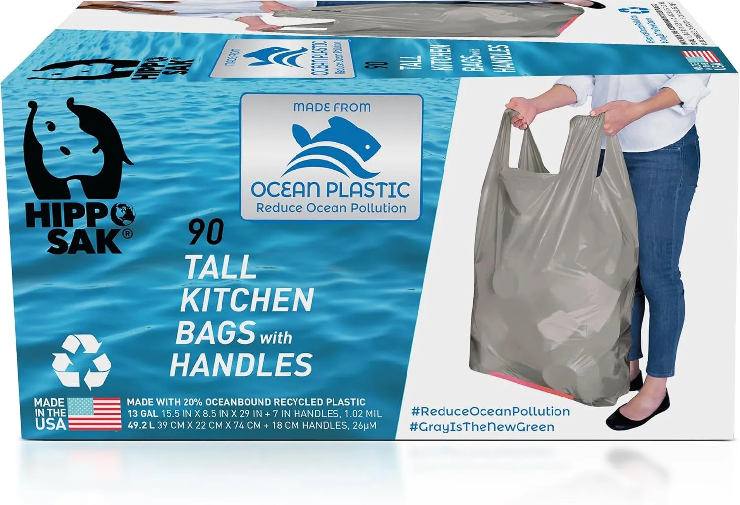 Hippo Sak - Tall Kitchen Garbage Bags with Ergonomic Handles - 13 Gallon Trash Bags Made from Recycled Ocean Bound Plastic - Super Strong and Leak Proof Tall Kitchen Trash Bags (90 Count)