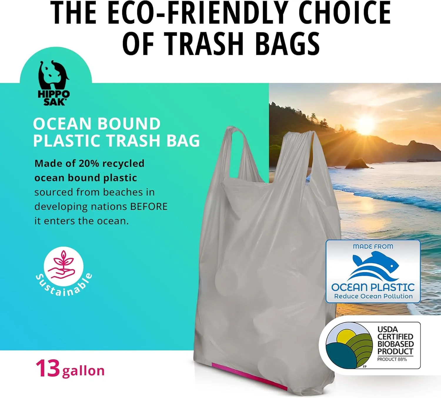 Hippo Sak - Tall Kitchen Garbage Bags with Ergonomic Handles - 13 Gallon Trash Bags Made from Recycled Ocean Bound Plastic - Super Strong and Leak Proof Tall Kitchen Trash Bags (90 Count)