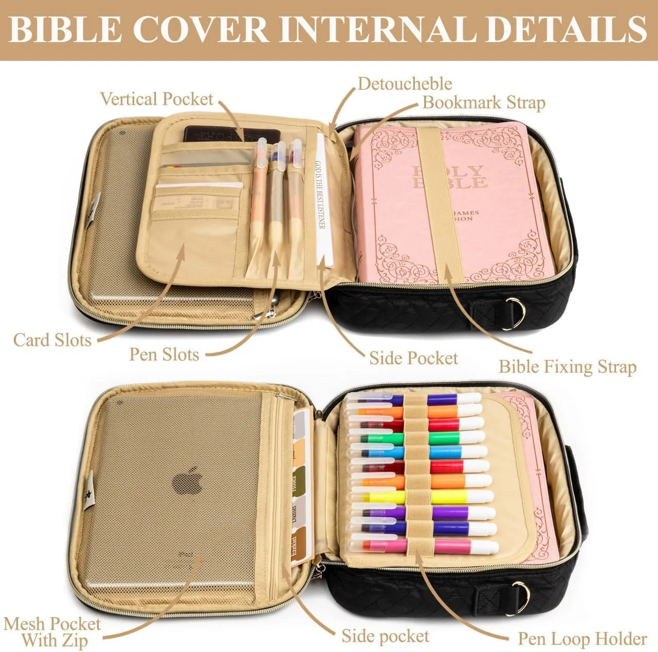Holy Bible Cover For Women【w/8 Highlighters & 75 Tabs】- Bible Hand Bag With Shoulder Strap - Large Bible Carrying Zipper Case For Girls Black Set, Medium