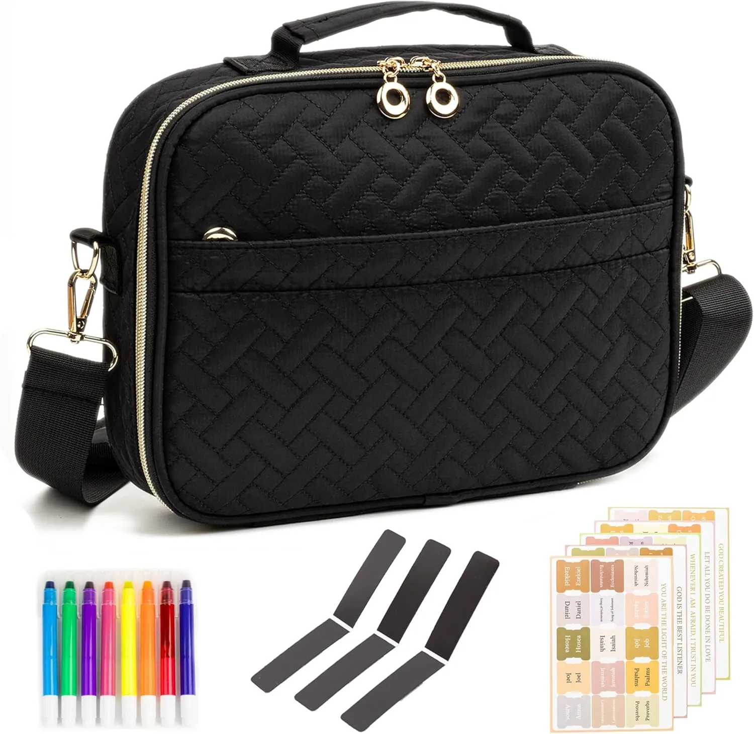 Holy Bible Cover For Women【w/8 Highlighters & 75 Tabs】- Bible Hand Bag With Shoulder Strap - Large Bible Carrying Zipper Case For Girls Black Set, Medium