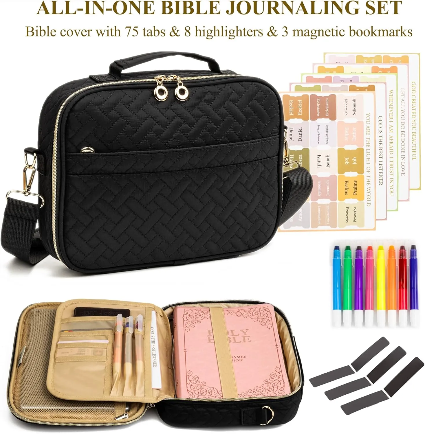 Holy Bible Cover For Women【w/8 Highlighters & 75 Tabs】- Bible Hand Bag With Shoulder Strap - Large Bible Carrying Zipper Case For Girls Black Set, Medium