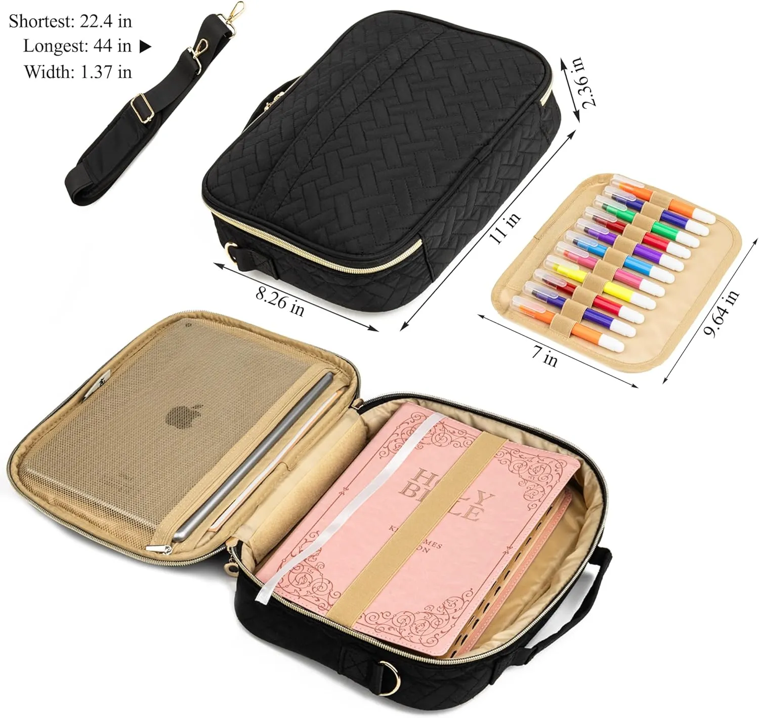 Holy Bible Cover For Women【w/8 Highlighters & 75 Tabs】- Bible Hand Bag With Shoulder Strap - Large Bible Carrying Zipper Case For Girls Black Set, Medium