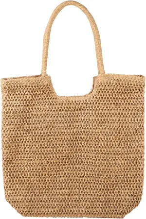 Homaisson Straw Beach Bags, Woven Beach Bag for Women, Rustic Straw Tote Bag, Khaki Handbag,Large Capacity, Foldable for Travel Holiday, Trendy Design