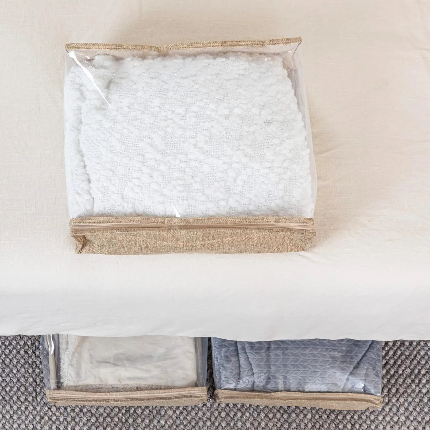 Household Essentials Under Bed Zippered Sweater Storage Bags with Clear Vision Panel, Set of 3, Latte Brown