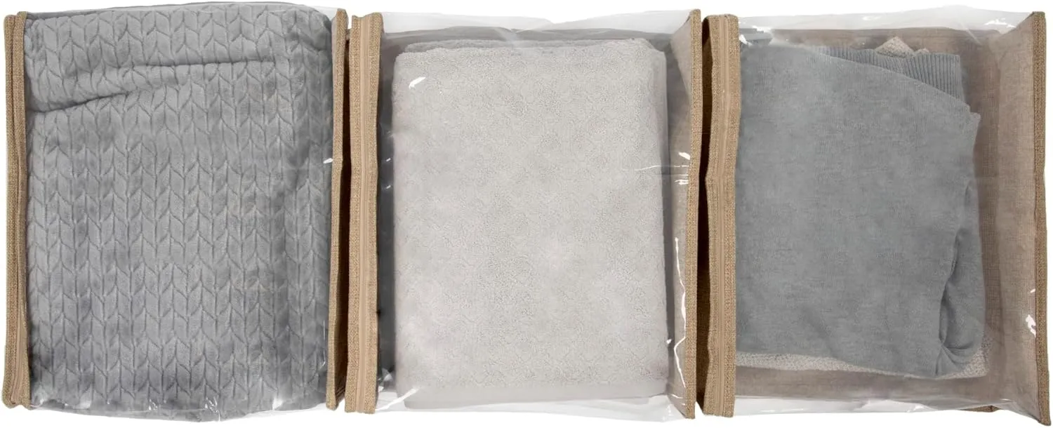 Household Essentials Under Bed Zippered Sweater Storage Bags with Clear Vision Panel, Set of 3, Latte Brown