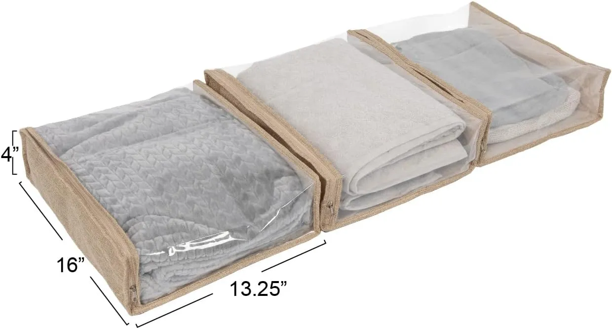 Household Essentials Under Bed Zippered Sweater Storage Bags with Clear Vision Panel, Set of 3, Latte Brown