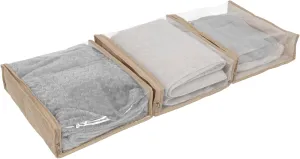 Household Essentials Under Bed Zippered Sweater Storage Bags with Clear Vision Panel, Set of 3, Latte Brown