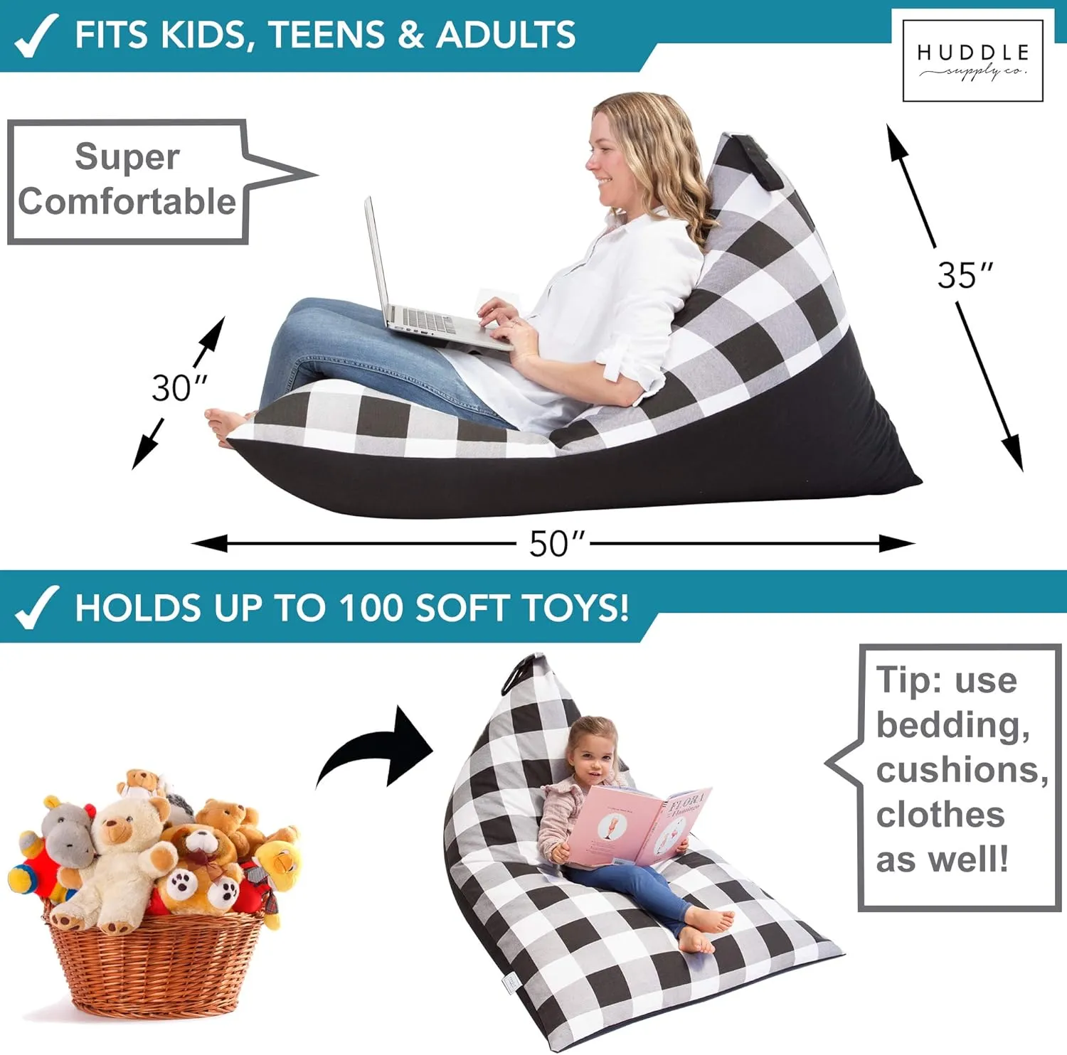 Huddle Original Stuffed Animal Bean Bag Storage Extra Large Designer Beanbag Chairs for Kids Teens & Adults | Instant Clutter Clear for Stylish Moms - Stuffed Animal Storage Bean Bag Chair Gingham
