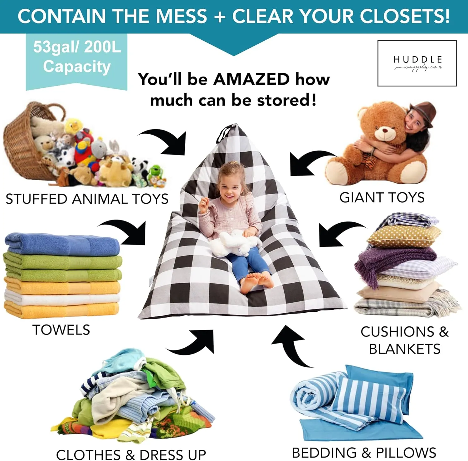 Huddle Original Stuffed Animal Bean Bag Storage Extra Large Designer Beanbag Chairs for Kids Teens & Adults | Instant Clutter Clear for Stylish Moms - Stuffed Animal Storage Bean Bag Chair Gingham