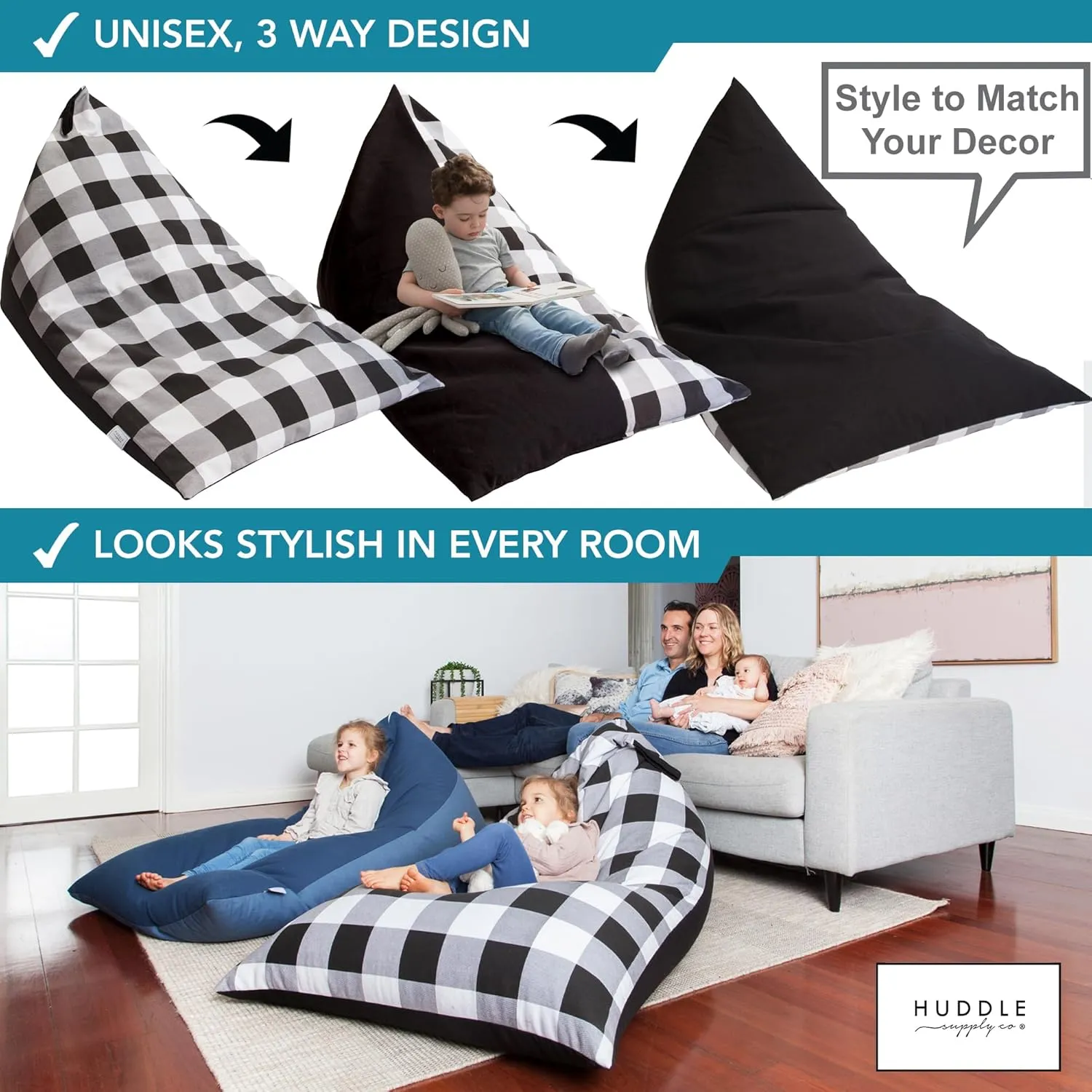 Huddle Original Stuffed Animal Bean Bag Storage Extra Large Designer Beanbag Chairs for Kids Teens & Adults | Instant Clutter Clear for Stylish Moms - Stuffed Animal Storage Bean Bag Chair Gingham