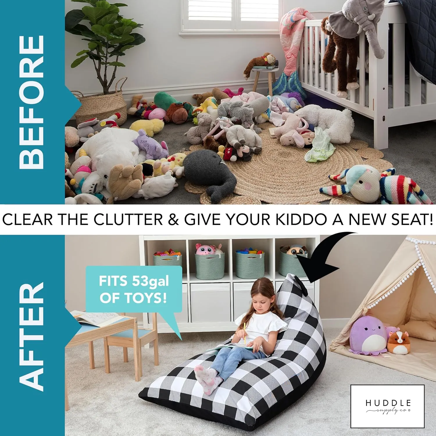 Huddle Original Stuffed Animal Bean Bag Storage Extra Large Designer Beanbag Chairs for Kids Teens & Adults | Instant Clutter Clear for Stylish Moms - Stuffed Animal Storage Bean Bag Chair Gingham