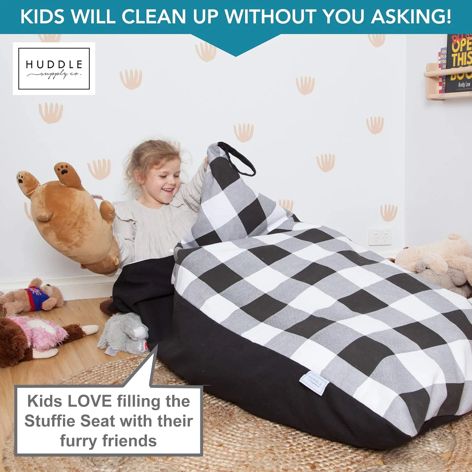 Huddle Original Stuffed Animal Bean Bag Storage Extra Large Designer Beanbag Chairs for Kids Teens & Adults | Instant Clutter Clear for Stylish Moms - Stuffed Animal Storage Bean Bag Chair Gingham