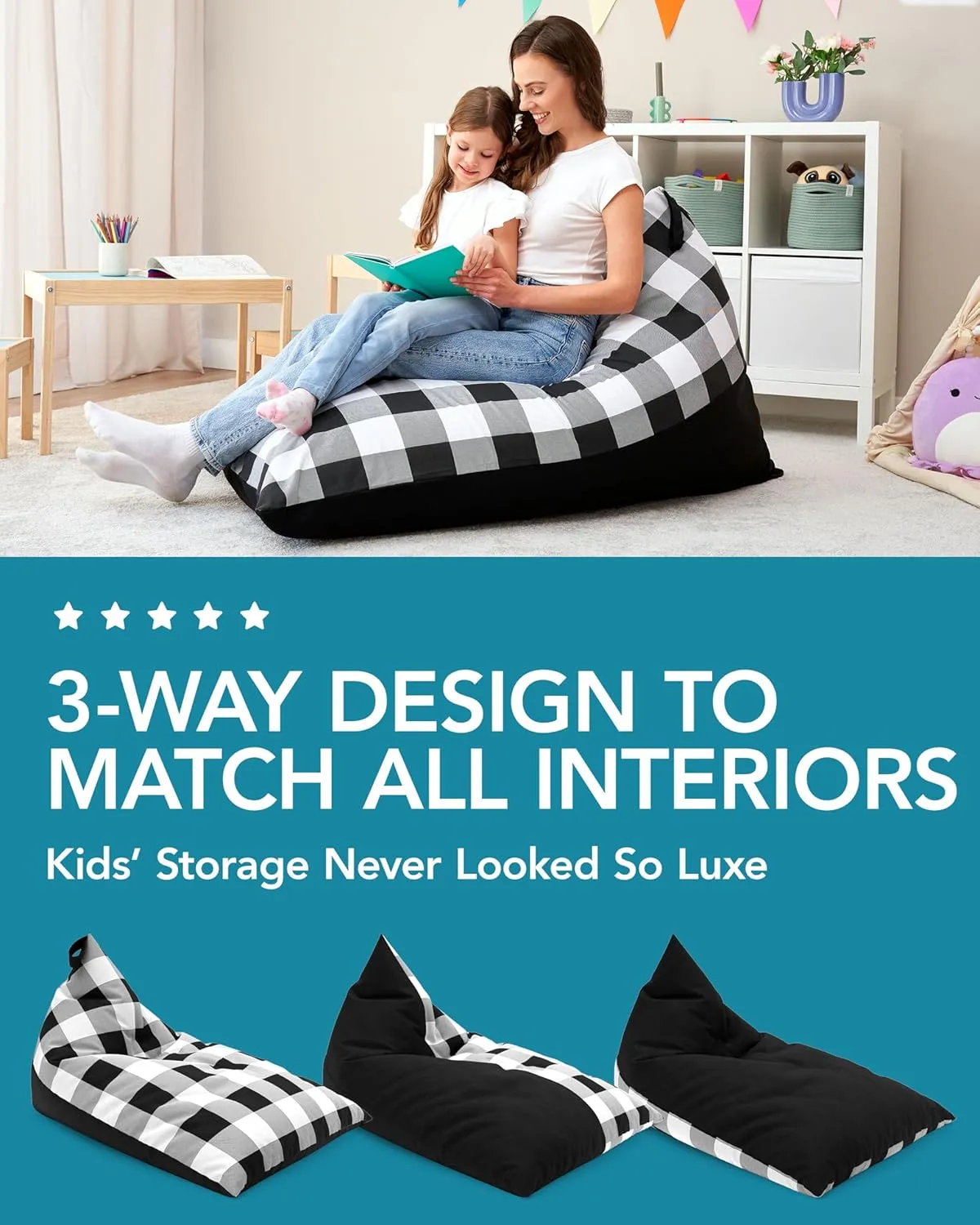 Huddle Original Stuffed Animal Bean Bag Storage Extra Large Designer Beanbag Chairs for Kids Teens & Adults | Instant Clutter Clear for Stylish Moms - Stuffed Animal Storage Bean Bag Chair Gingham