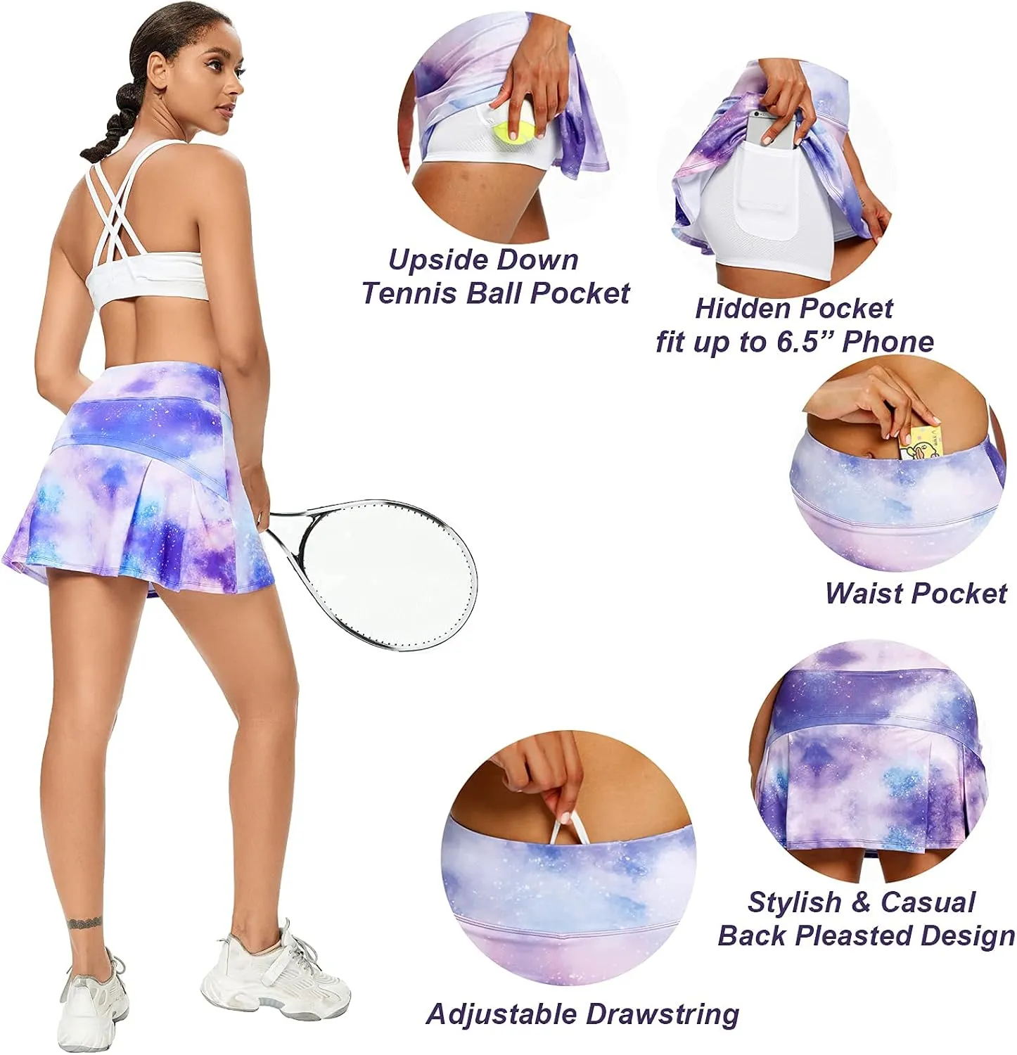 Ibeauti Womens Back Pleated Athletic Tennis Skorts Golf Skirts with 3 Pockets Mesh Shorts for Running Active Workout