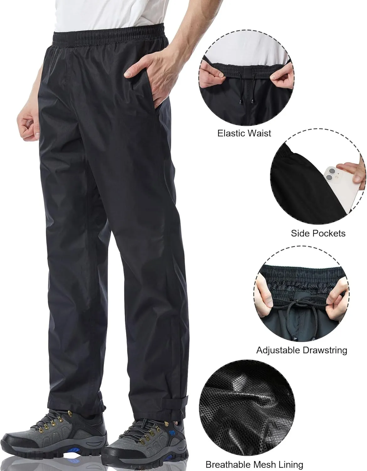 iCreek Men's Rain Pants Waterproof Over Pants Windproof Lightweight Hiking Pants Work Rain Outdoor for Golf, Fishing