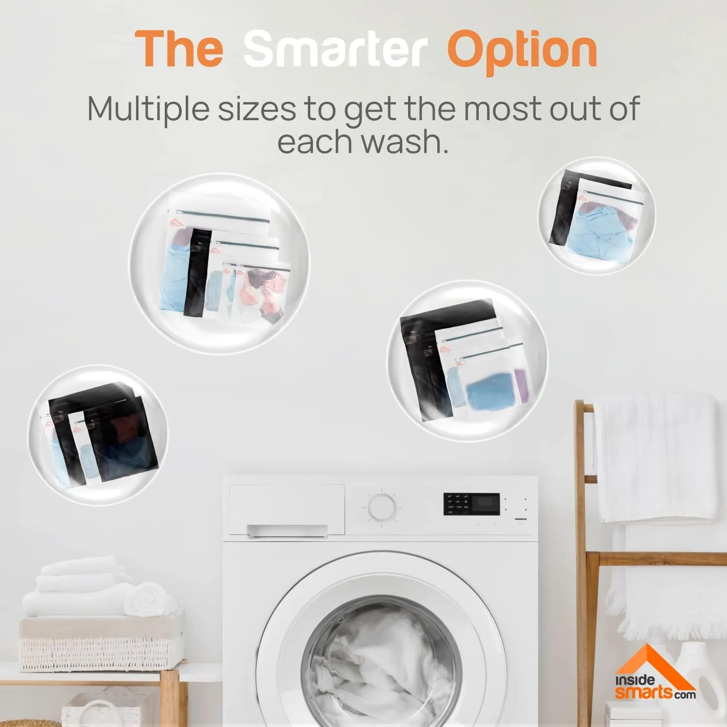 InsideSmarts Premium Mesh Laundry Bags Set of 4: Large (1 Black - 1 White), and Medium (2 White) - Elastic Gard & Rust-Proof Zipper Bags - Durable Laundry Wash Bags