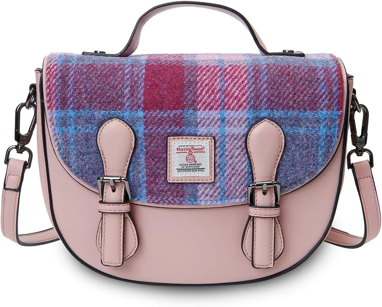 Islander® The Medium Cobble Satchel - Medium Ladies Satchel With HARRIS TWEED - Pink and Blue Tartan, Pink Blue Tartan, M