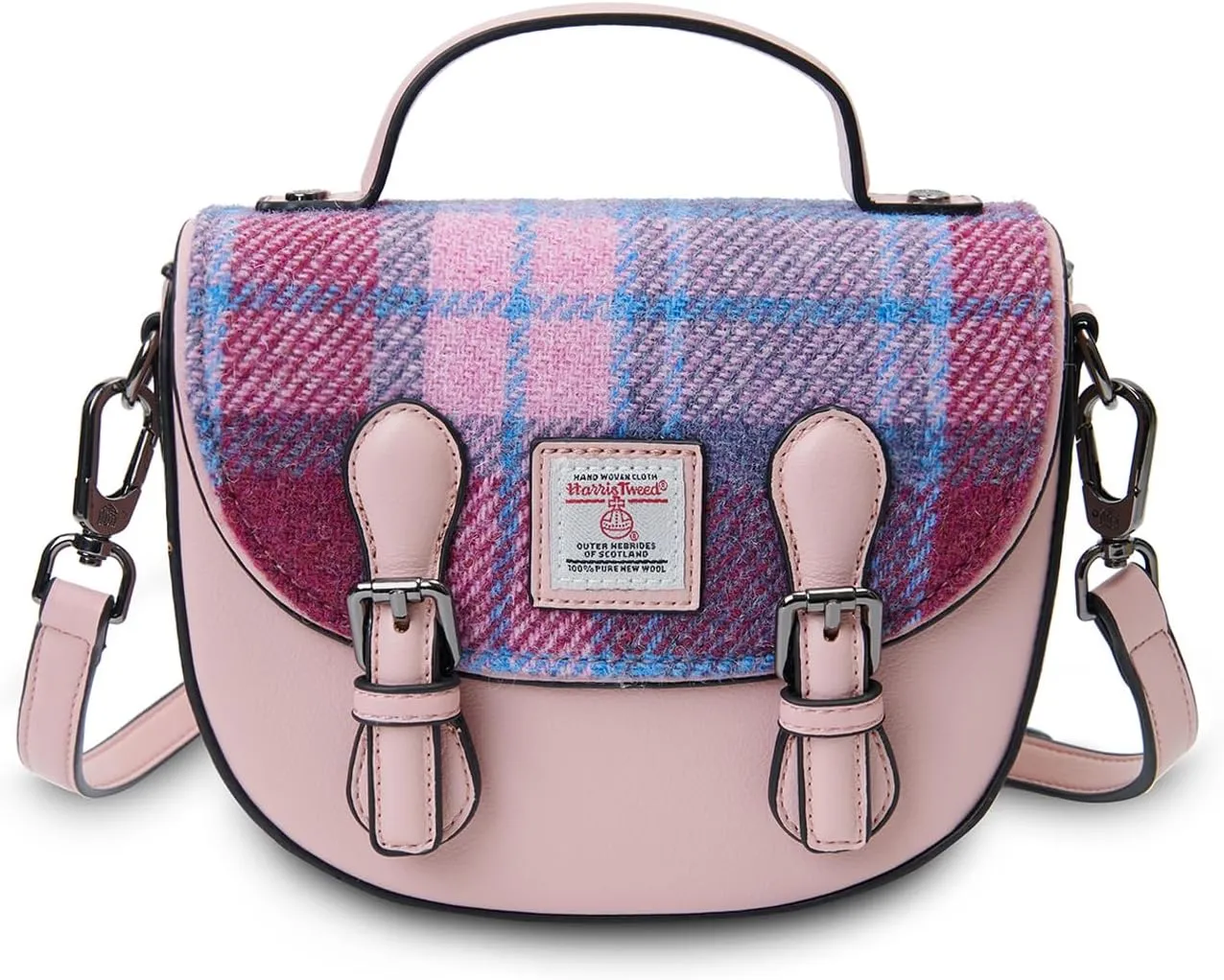 Islander® The Mini Cobble Satchel - Small Ladies Satchel With HARRIS TWEED - Pink and Blue Tartan, Pink Blue Tartan, Mini