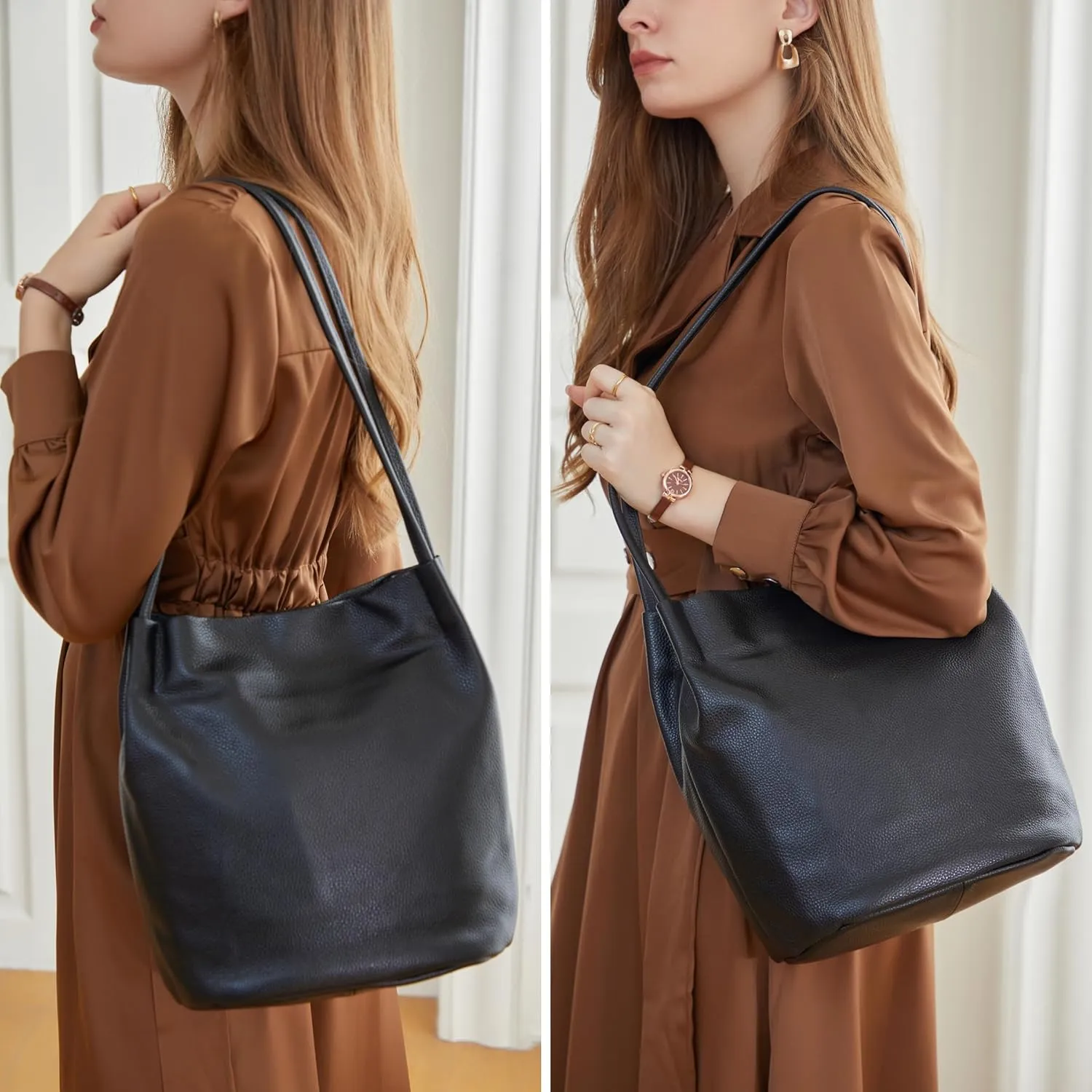 Iswee Genuine Leather Tote Bucket Bags Hobo Shoulder Bags Purse and Handbags for Women Trendy