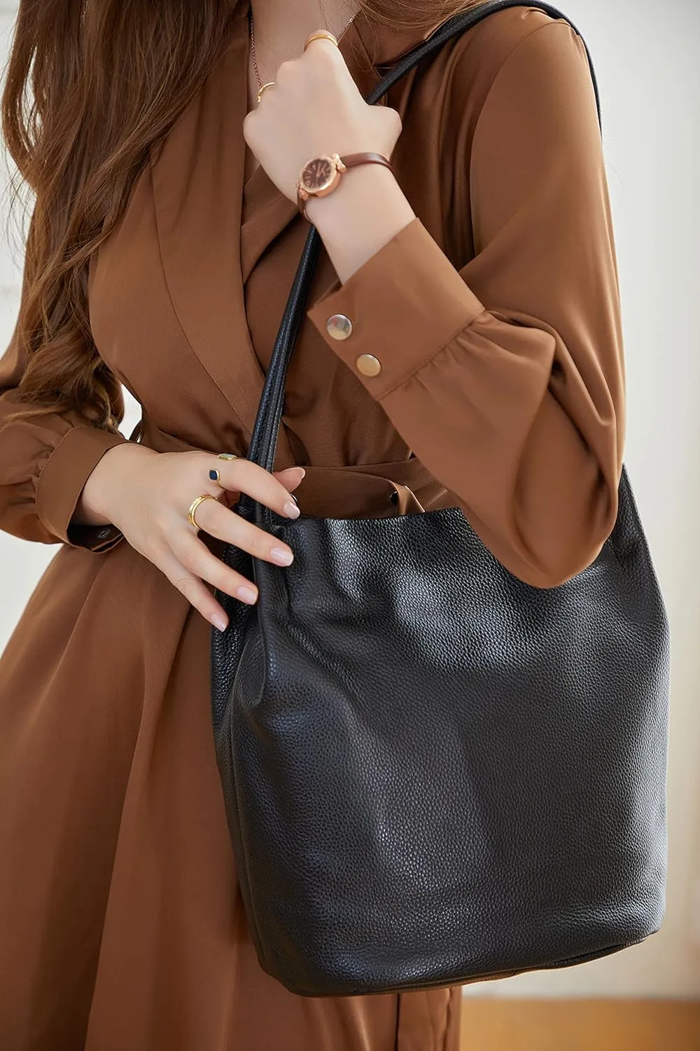 Iswee Genuine Leather Tote Bucket Bags Hobo Shoulder Bags Purse and Handbags for Women Trendy