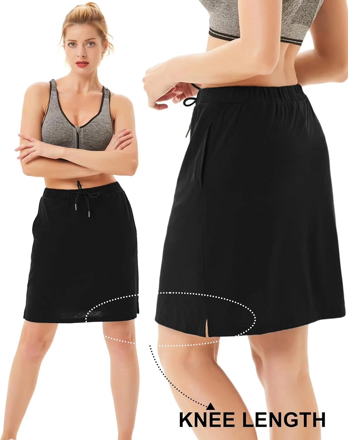 JACK SMITH Women's Stretchy Knee Length Skirts Athletic Skorts for Woman Drawstring Waist with Mesh Shorts Pockets