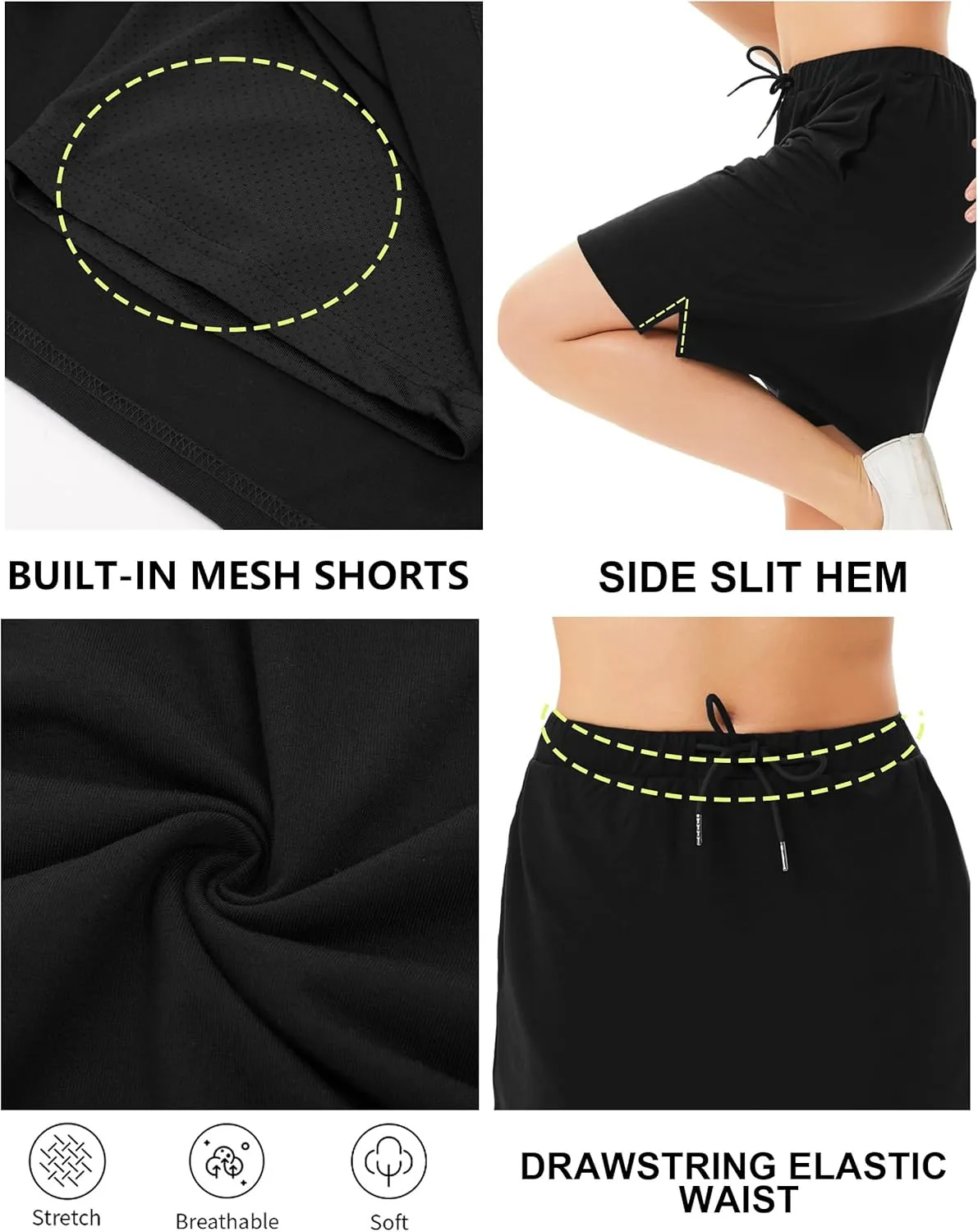 JACK SMITH Women's Stretchy Knee Length Skirts Athletic Skorts for Woman Drawstring Waist with Mesh Shorts Pockets