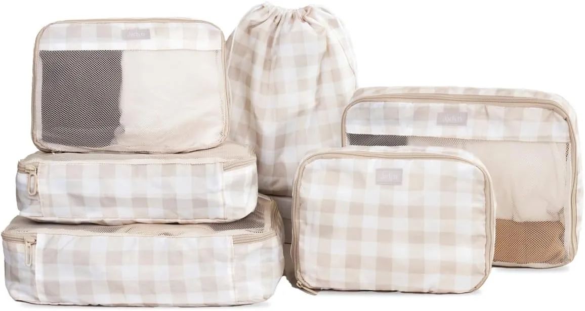 Jadyn Packing Cubes for Travel, 6-Piece Large Packing Cube Organizer Set for Suitcase, Duffel Bag, Luggage, Multiple Sizes Travel Essentials (Beige Gingham)