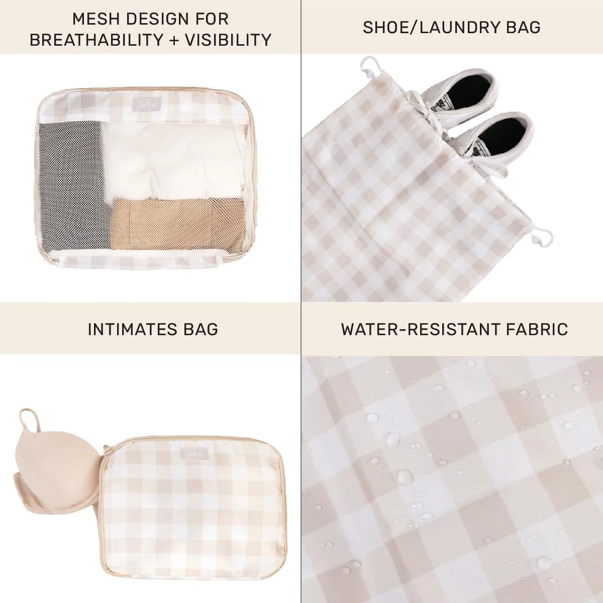 Jadyn Packing Cubes for Travel, 6-Piece Large Packing Cube Organizer Set for Suitcase, Duffel Bag, Luggage, Multiple Sizes Travel Essentials (Beige Gingham)
