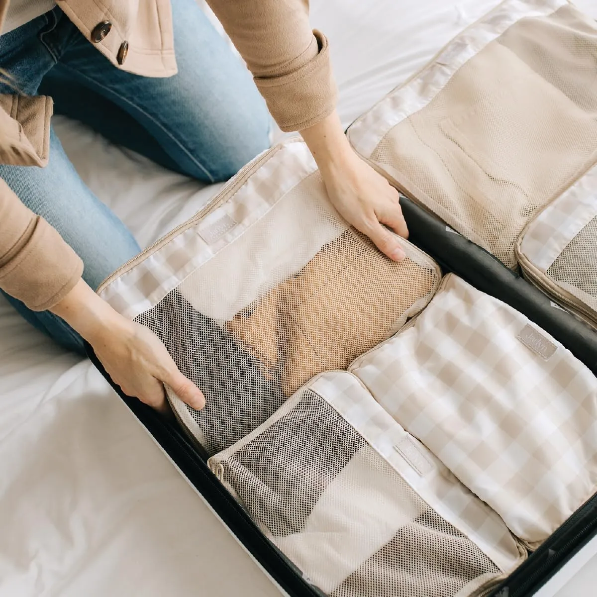 Jadyn Packing Cubes for Travel, 6-Piece Large Packing Cube Organizer Set for Suitcase, Duffel Bag, Luggage, Multiple Sizes Travel Essentials (Beige Gingham)