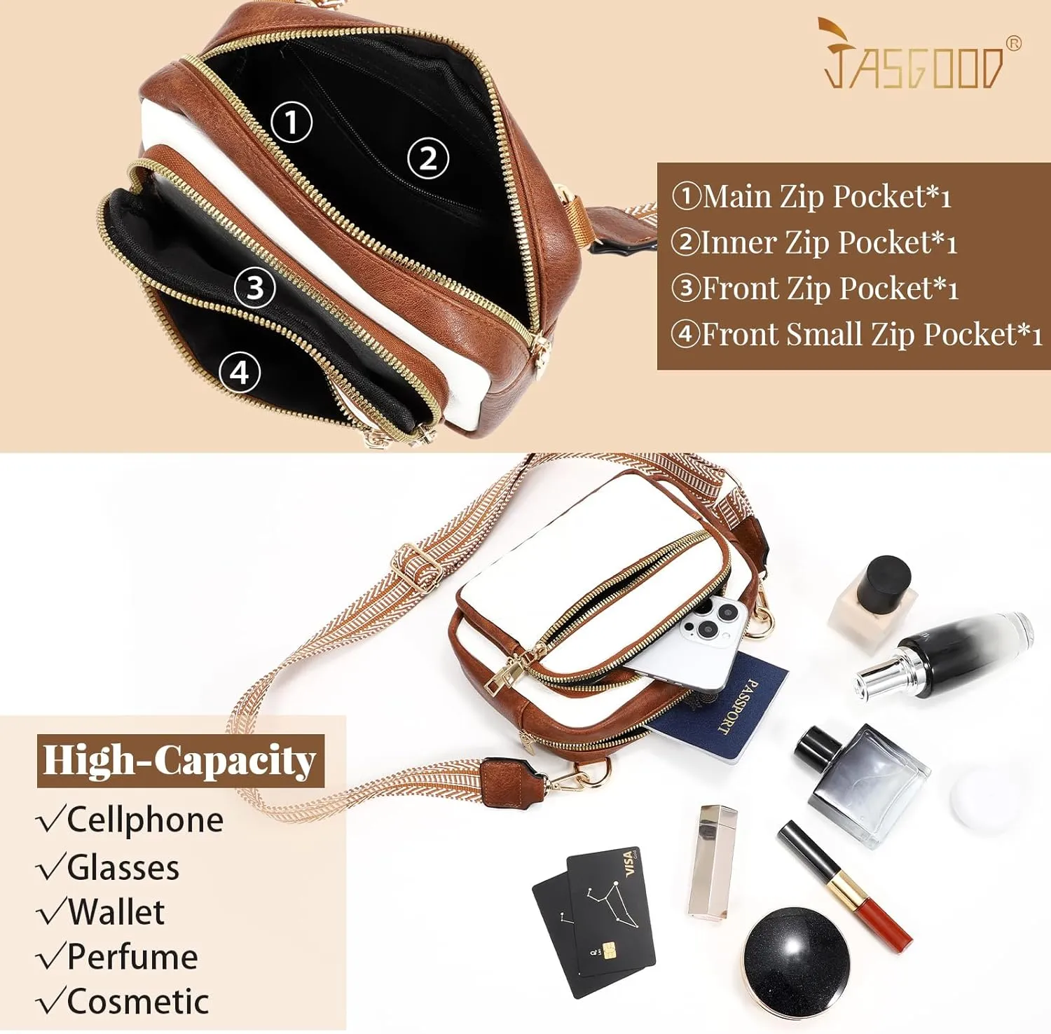 JASGOOD Crossbody Bags for Women, Leather Shoulder Purse and Handbags with Adjustable Strap