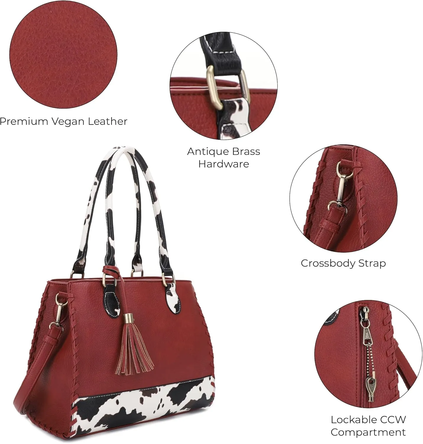 JESSIE & JAMES Montana Whipstitching Cow Print Top Handle Satchel Purse with Adjustable Shoulder Strap