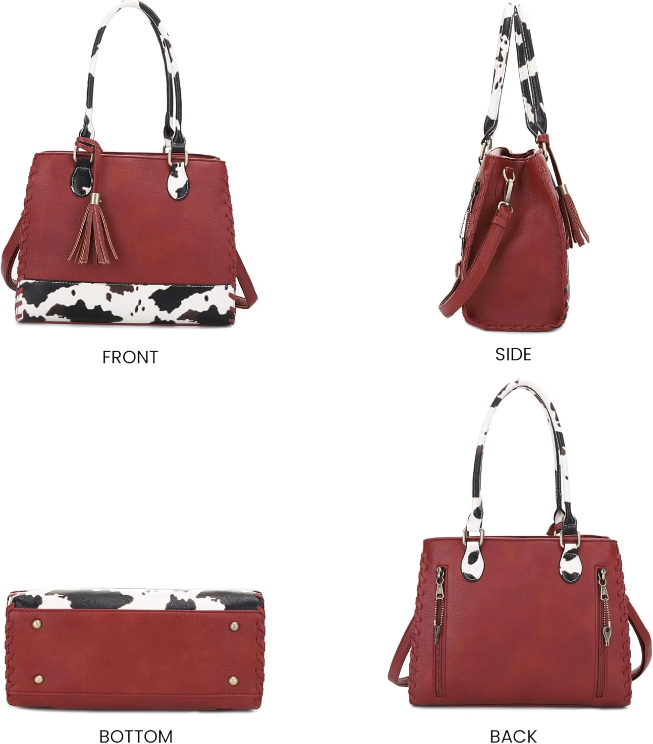 JESSIE & JAMES Montana Whipstitching Cow Print Top Handle Satchel Purse with Adjustable Shoulder Strap