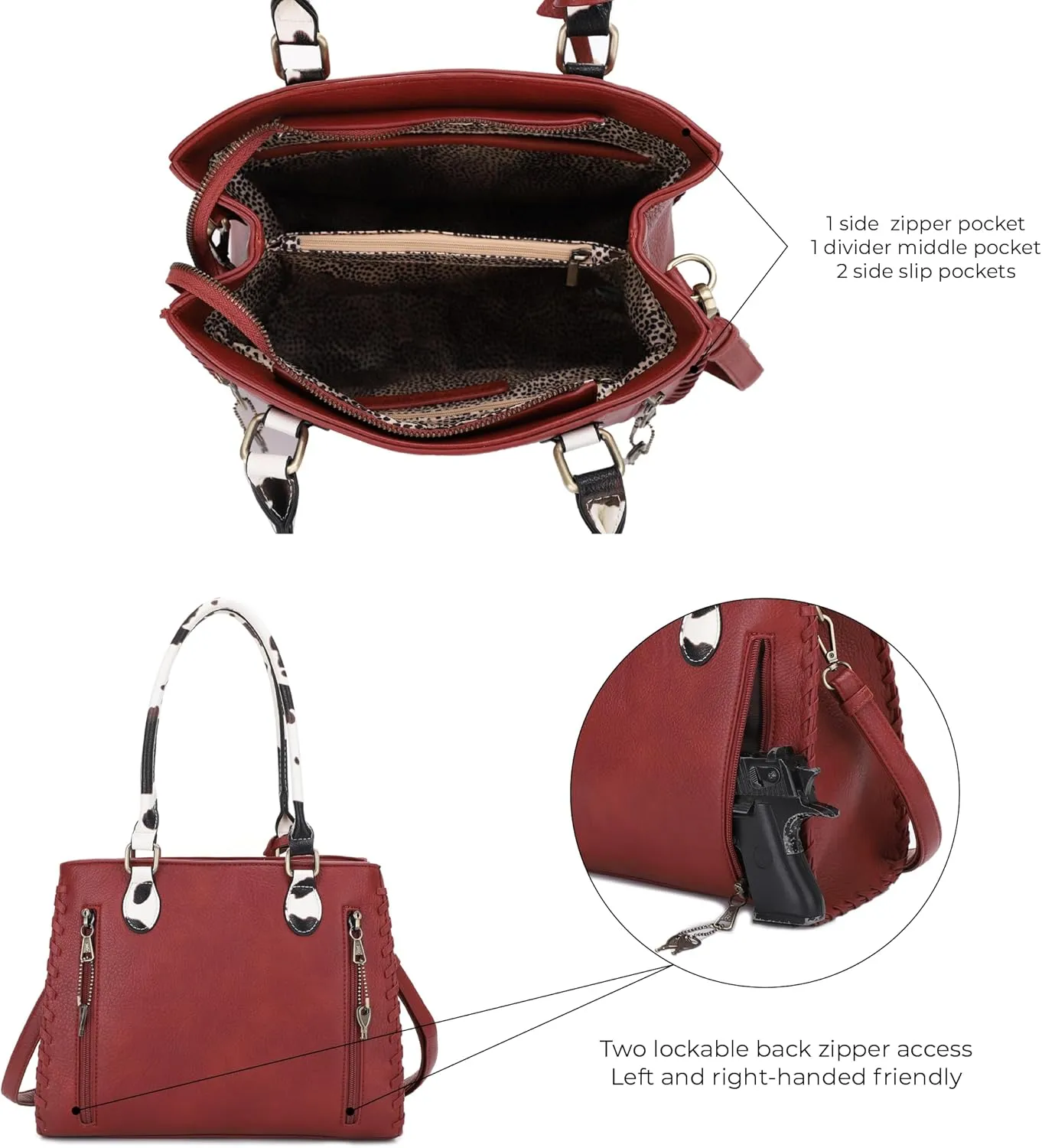JESSIE & JAMES Montana Whipstitching Cow Print Top Handle Satchel Purse with Adjustable Shoulder Strap