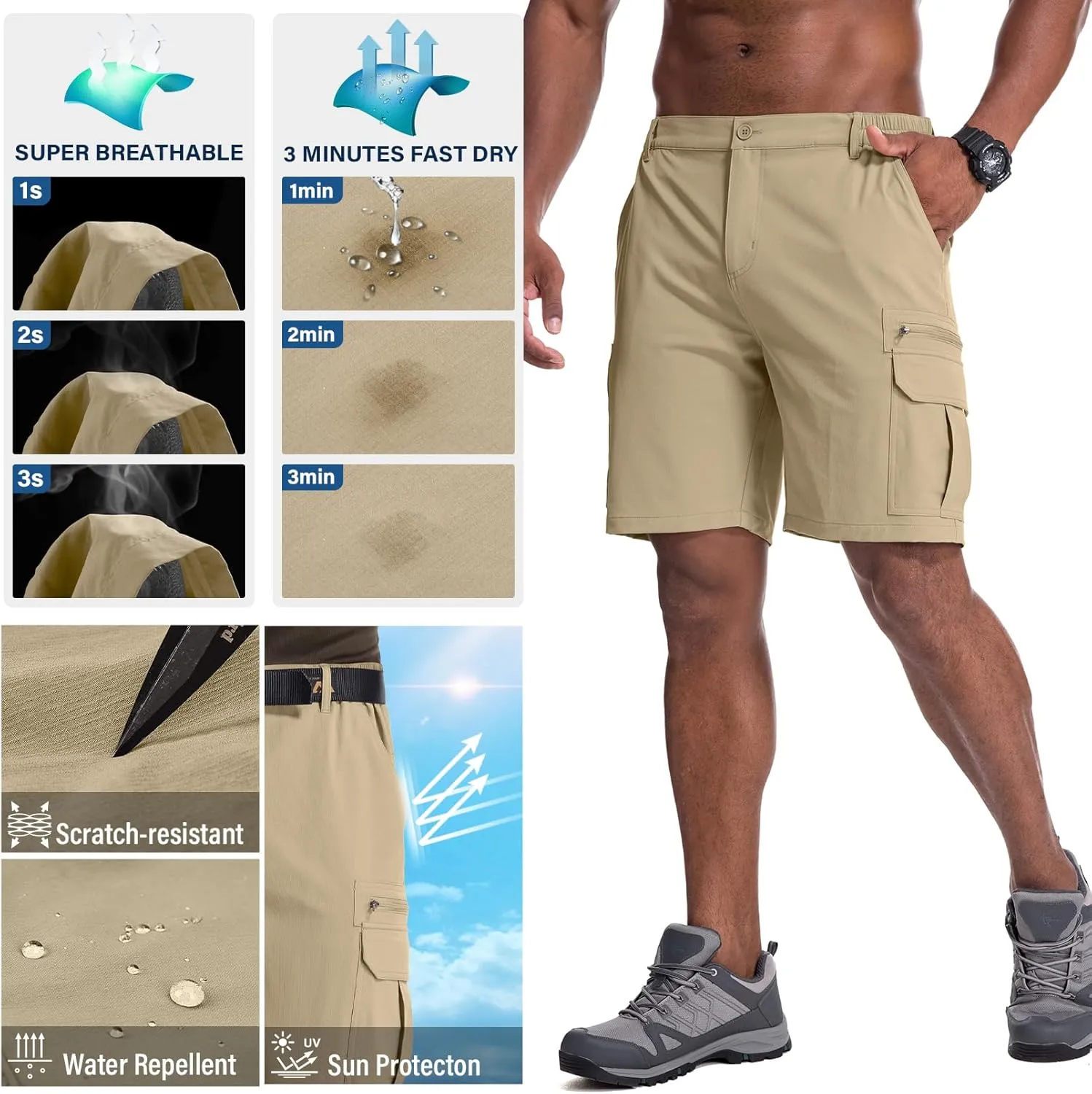 Jessie Kidden Mens Outdoor Casual Expandable Waist Lightweight Water Resistant Quick Dry Fishing Hiking Shorts