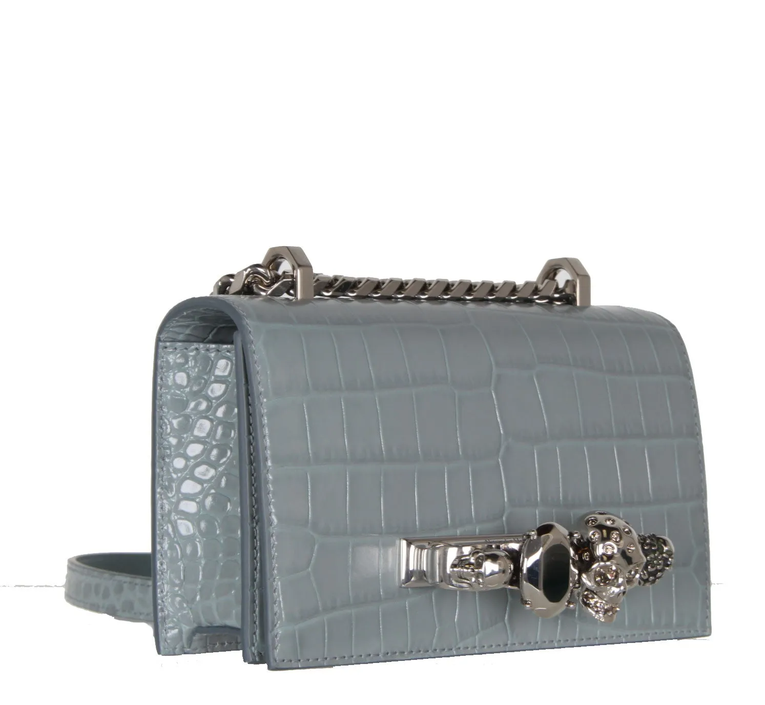 Jewelled Knuckle Satchel Mini Croc, Blue/Grey