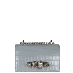 Jewelled Knuckle Satchel Mini Croc, Blue/Grey